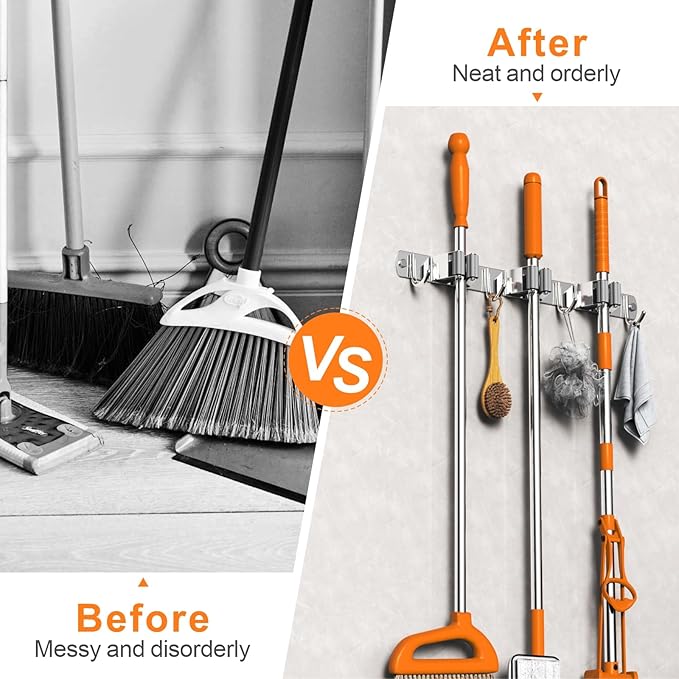CUXIXA 2 Pack Mop and Broom Holder Wall Mount, Non-slip Broom Hanger, Heavy Duty Mop Broom Organizer for Kitchen Garden Garage Laundry Room Wall Decor Organization and Storage Silver 3R4H - Image 4