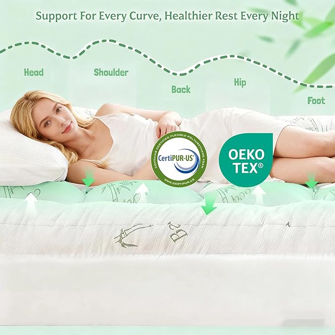 Bamboo Mattress Topper King Size with Deep Pocket 1700 GSM Fill Cooling Shredded Memory Foam Mattress Pad Rayon Derived from Bamboo, Ideal for Side Sleepers, Back Pain, Hot Sleepers