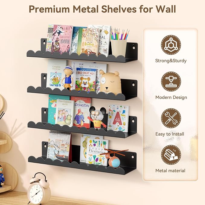 Nursery Book Shelves, 17 Inch Metal Floating Shelves for Wall 4 Pack, Scalloped Shelves, Wall Mounted Book Shelf for Kids Bedroom, Baby Room, Nursery Decor （Black） - Image 3