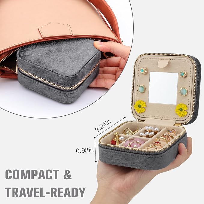 DesignSter Travel Jewelry Box - Velvet Mini Jewelry Organizer, Small Jewelry Case for Girls Women, Jewelry Storage Box for Rings Earrings Necklace (Square, Cool Gray) - Image 2