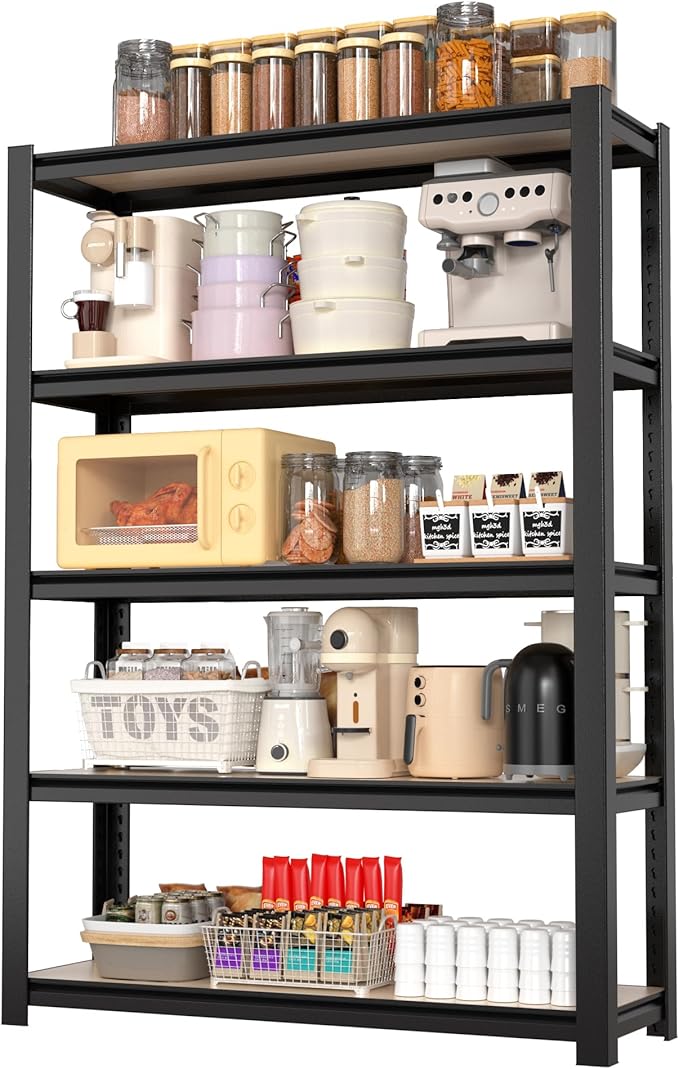 WORKPRO House 3000lbs 5-Tier Shelving Unit, 72" H Adjustable Storage Shelves, Boltless Book Shelf, Shelf Organizer for Kitchen, Living Room, Bathroom, Wood Grain Pattern, Waterproof Board, Black by WORKPRO