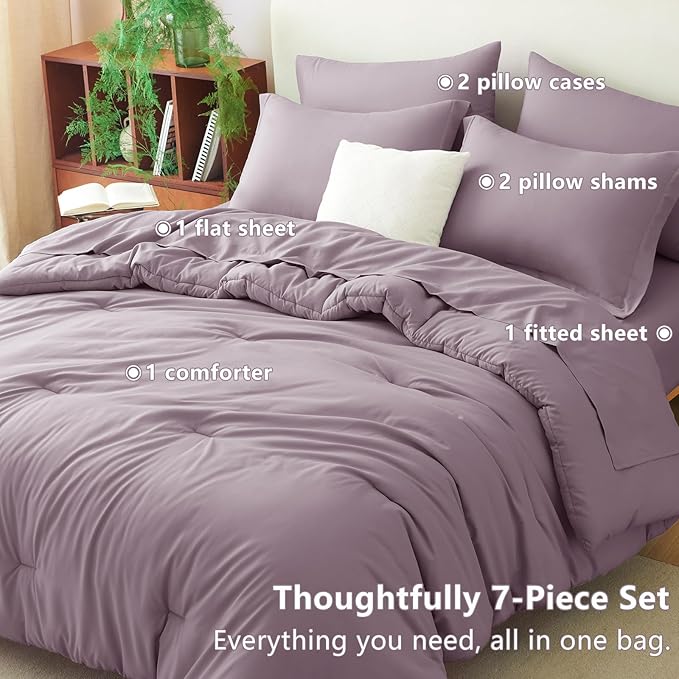 CozyLux Full Size Comforter Sets Dusty Purple, 7 Pieces Bed in a Bag Full Comforter Set with Sheets, Luxury Bedding Set with Down Alternative Comforter, Fitted Sheet, Flat Sheet, Pillowcases & Shams