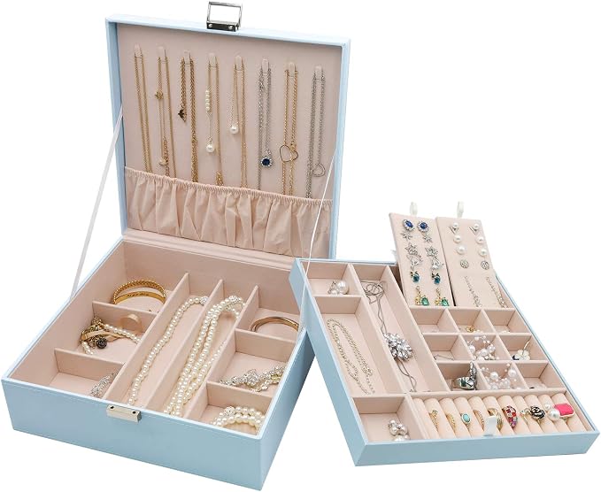 ProCase Jewelry Box for Women, 2 Layers Large Leather Jewelry Organizer Storage Case with Removable Pad for Earrings -Blue by ProCase