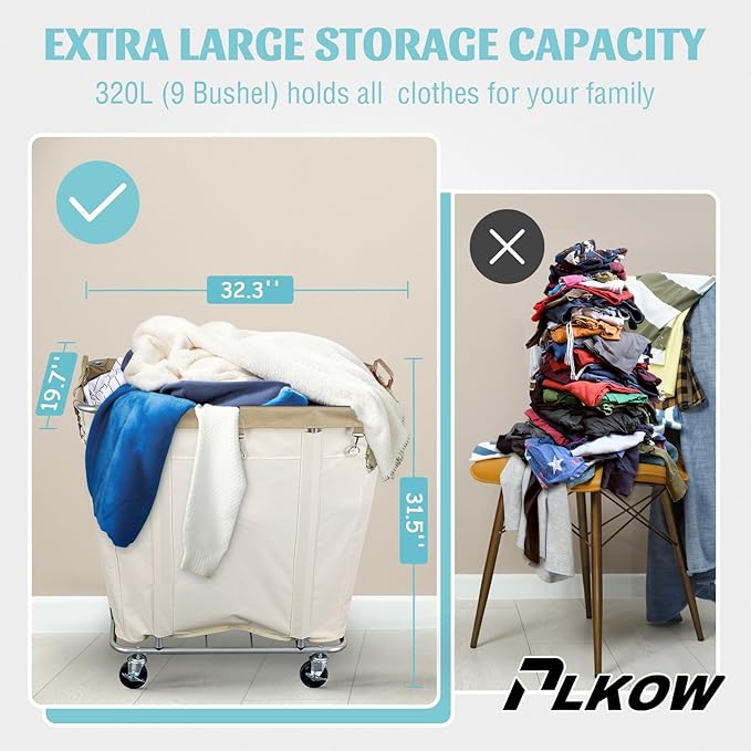 PLKOW Laundry Cart with Wheels 320L Large Rolling Laundry Cart for Commercial/Home, Rolling Laundry Basket with Steel Frame and Waterproof Lining, 9 Bushel, 32.3L x 19.7W x 30.7H Inch, Beige - Image 2