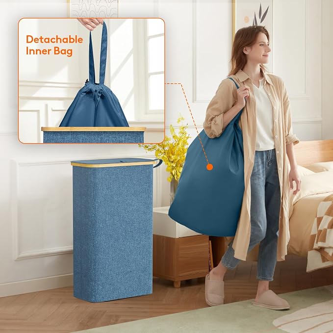 Lifewit 65L Slim Laundry Hamper with Lid, Narrow Laundry Basket with Removable Bag & Bamboo Handles, Fodable Thin Dirty Clothes Hamper for Laundry Collapsible Bin for Bathroom Bedroom Dorm, Dark Blue - Image 4
