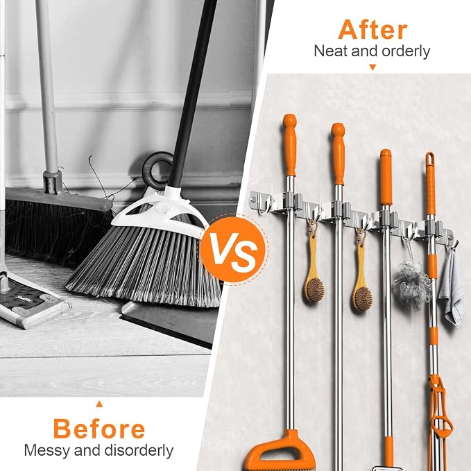 CUXIXA 2 Pack Mop and Broom Holder Wall Mount, Non-slip Broom Hanger Wall Mount, Heavy Duty Mop Broom Organizer for Kitchen Garden Garage Laundry Room Wall Decor Organization and Storage Silver 4R5H - Image 2