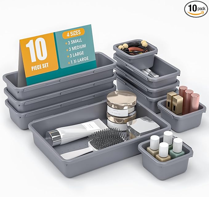 10 PCS Drawer Organizer Set, 4 Size Makeup Drawer Divider Organizer With Non-Slip Pads, Interlocking Plastic Storage Bins for Office,Jewelry Vanity,Gadgets, Bathroom,Kitchen, Grey by StoreHappily