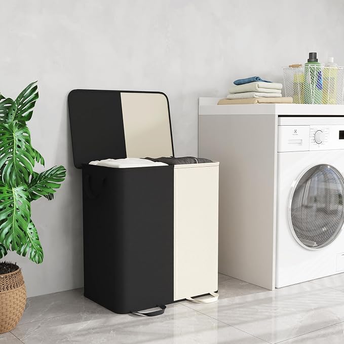 Lifewit Double Laundry Hamper with Lid and Removable Laundry Bags, Large Collapsible 2 Dividers Dirty Clothes Basket with Handles for Bedroom Laundry Room Closet Bathroom College, 155L White&Black - Image 6