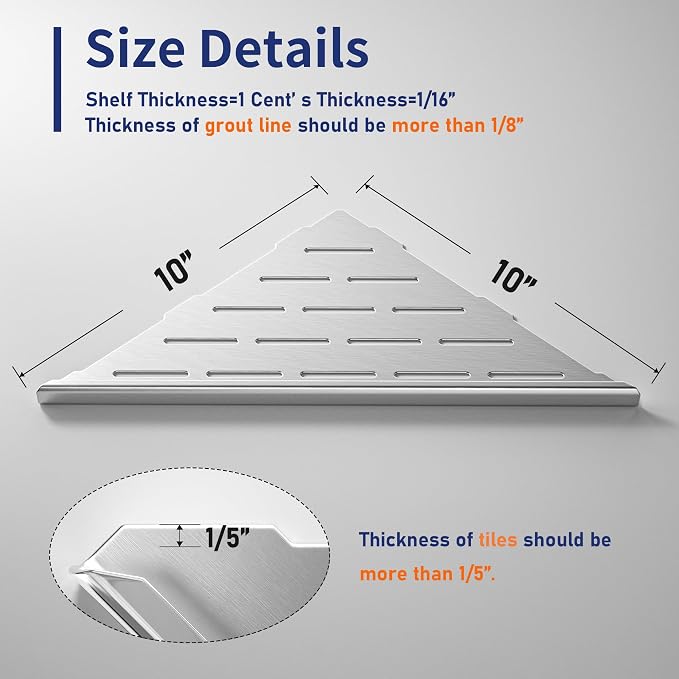 Corner Shower Shelf 10" Brushed 304 Stainless Steel Slot Design Recessed Corner Shelf Bathroom Grout in Shelf for Tiled Wall - Image 5