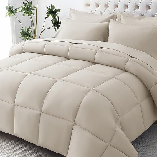 JOLLYVOGUE Twin Comforter Set, Ultra-Soft Bed in a Bag Twin Size 5 Pieces, Oeko-TEX Certified Bedding Set with Down Alternative Comforter, Sheets, Pillowcases & Shams, Oatmeal