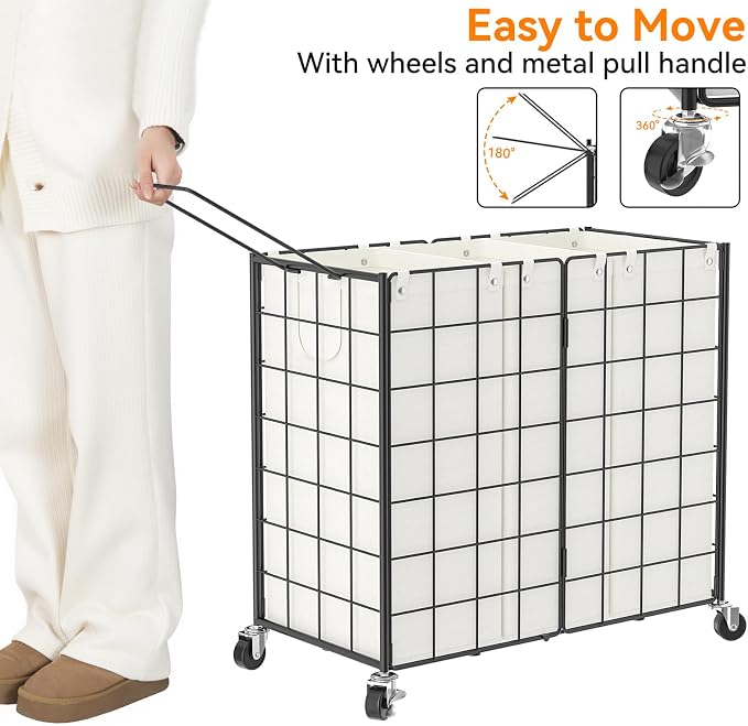 WOWLIVE Laundry Hamper with Wheels,Metal Wire Frame Rolling Laundry Basket 3 Section with Removable bags,150L Dirty Clothes Hamper Organizer Dorm Room Storage for Bedroom,Bathroom,Black and White - Image 5