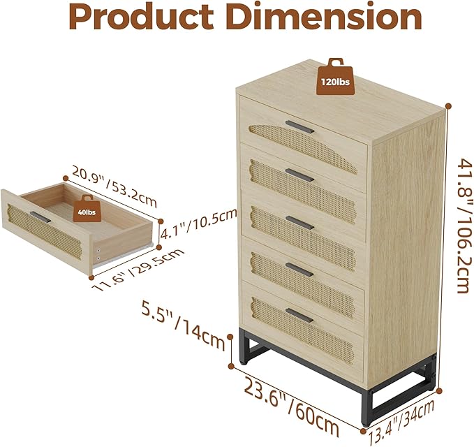 Mericonia 5 Drawer Rattan Dresser for Bedroom, Wood Tall Dresser for Closet with Metal Handles, Boho Nightstand Sets, Dressers & Chests of Drawers for Bedroom, Hallway and Entryway, Oak