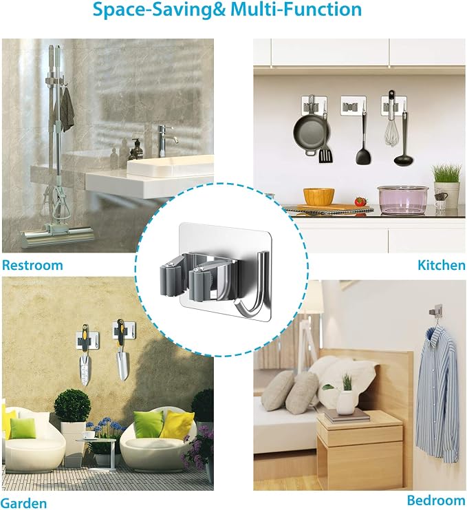 homeasy Mop Broom Holder No Drill, Mop Broom Organizer Wall Mounted Heavy Duty with Hooks Hanger, Self Adhesive Stainless Steel 6Pcs for Bathroom, Kitchen, Office (Silver) - Image 8