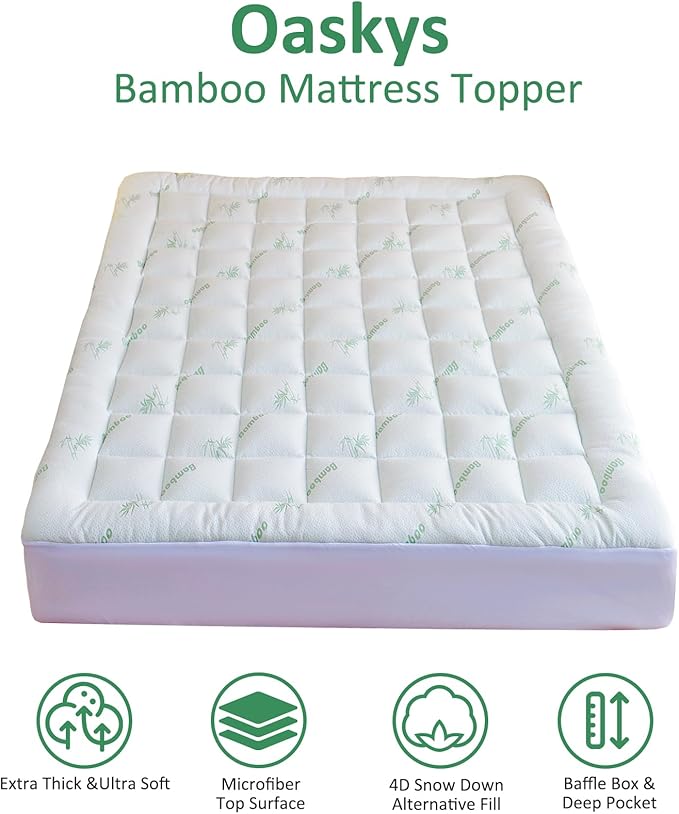 oaskys Mattress Topper Twin Size - Cooling Extra Thick Breathable Viscose Made from Bamboo Mattress pad - Soft Quilted Fitted Mattress Cover with Down Alternative Fill (8-21”Deep Pocket)