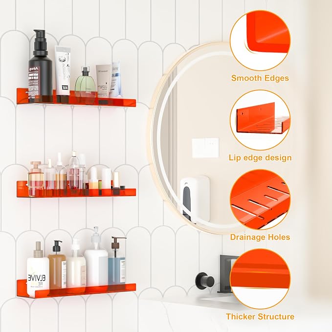 4 Pack Floating Shelves –15'' Orange Acrylic/PET Wall-Mounted No Drill Storage with Adhesive, Bathroom & Bedroom Shelving for Kitchen, Living Room, Home Decor - Image 4