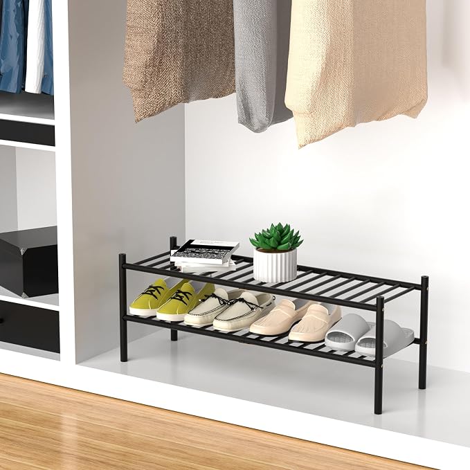 ROMGUAR CRAFT 2-Tier Bamboo Long Shoe Rack, Free Standing Wood Shoe Shelf Storage Organizer for Closet Entryway Stackable 35"x11"x13" (Black) - Image 4