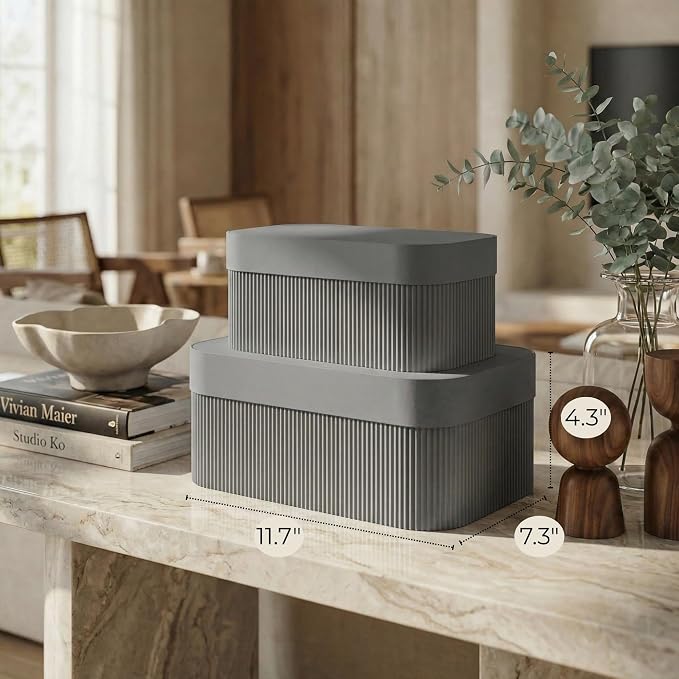 Decorative Storage Boxes with Lids – Set of 2 Beautiful Fluted Cardboard Organizer Bins for Your Home Bookshelf Decor to Safely Store Your Documents, Memory Box Items and Other Keepsakes in Style - Image 3