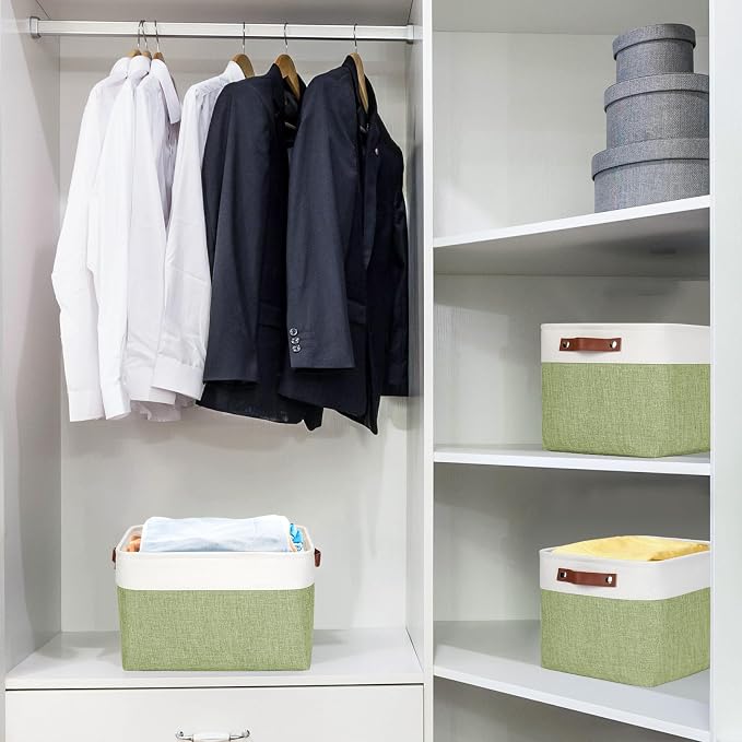 Bagnizer Storage Bins Large Fabric Storage Baskets for Shelves 3 Pack, Decorative Linen Closet Baskets with Handles for Organizing, Shelf, Clothes, Home, Office, 15x11x9.5Inches (Green&White) - Image 2