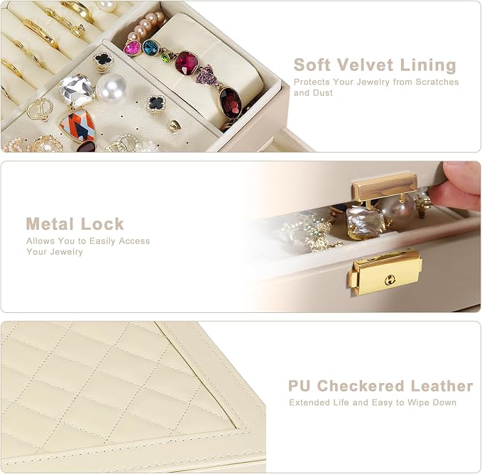 GUOER Jewelry Box for Women Girl Wife - Large PU Leather Jewelry Organizer Storage Case with Two Layers Display for Earrings Bracelets Rings Watches (Apricot) - Image 3