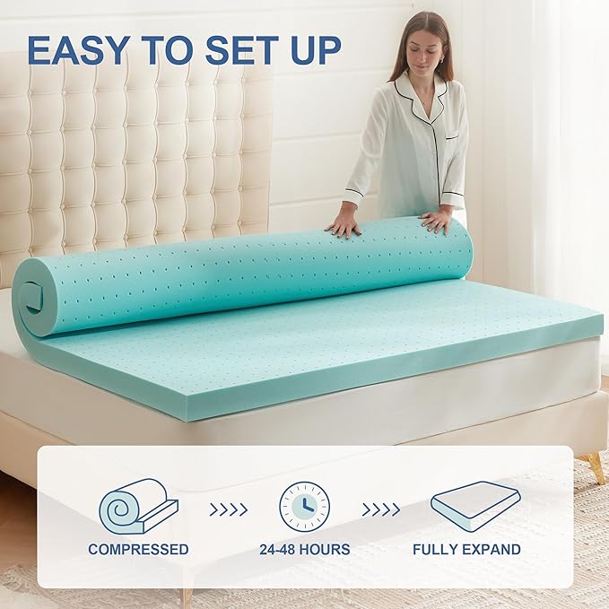 2 Inch Memory Foam Mattress Topper Queen, Mattress Pad Gel Infused Foam Bed Topper, Ventilated Soft Blue,Queen Size