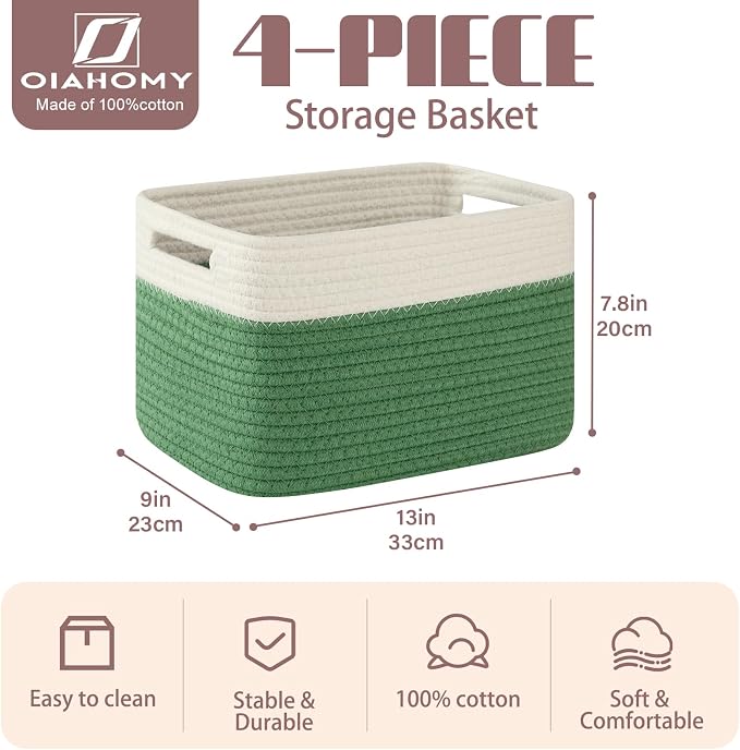 OIAHOMY 4 Pack Storage Baskets for Organizing, Basket for Shelves with Handle, Woven Baskets for Storage Toys, Towels, Books, Cotton Rope Basket 13" L x 9 " W x 7.8 " H, Olive Green & White - Image 2