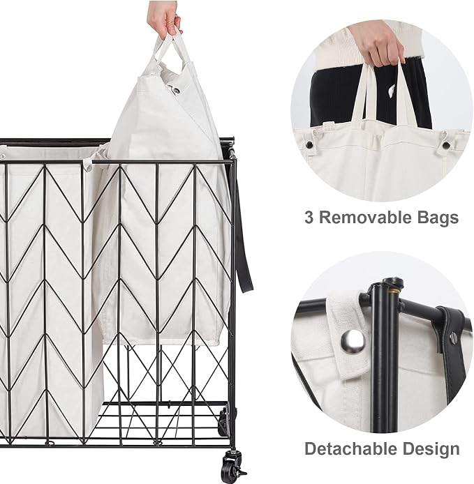 WOWLIVE Laundry Basket with Wheels, 142L Laundry Hamper 3 Section with Lid, Dirty Clothes Hamper with Removable Bags, Large Capacity Iron-Made Laundry Basket Organizer Laundry Sorter for Dorm, Beige - Image 5