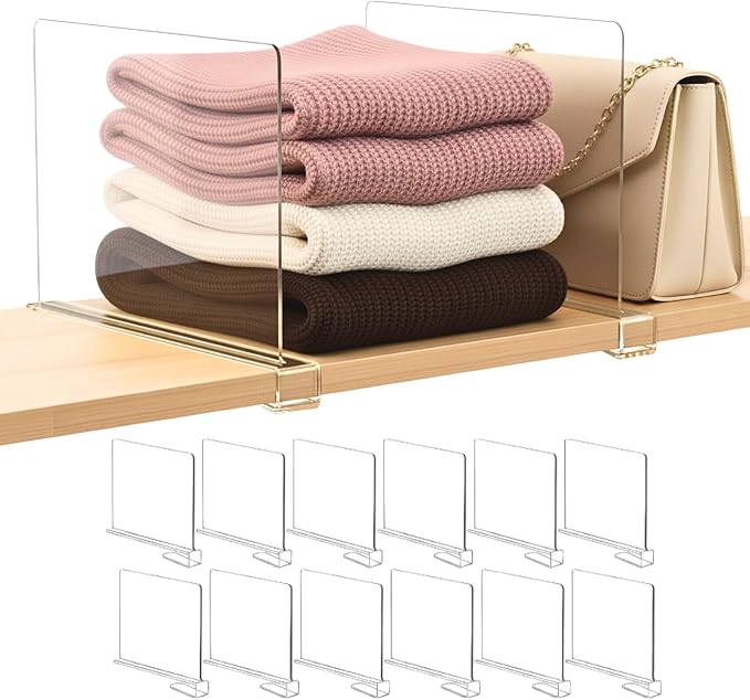 SortNStore Shelf Dividers Purse Organizer for Closet: 12-Pack Acrylic Bag Storage Organizer for Handbags, Clutches, Clothes, Sweater, Towel on Wood Shelves by SortNStore