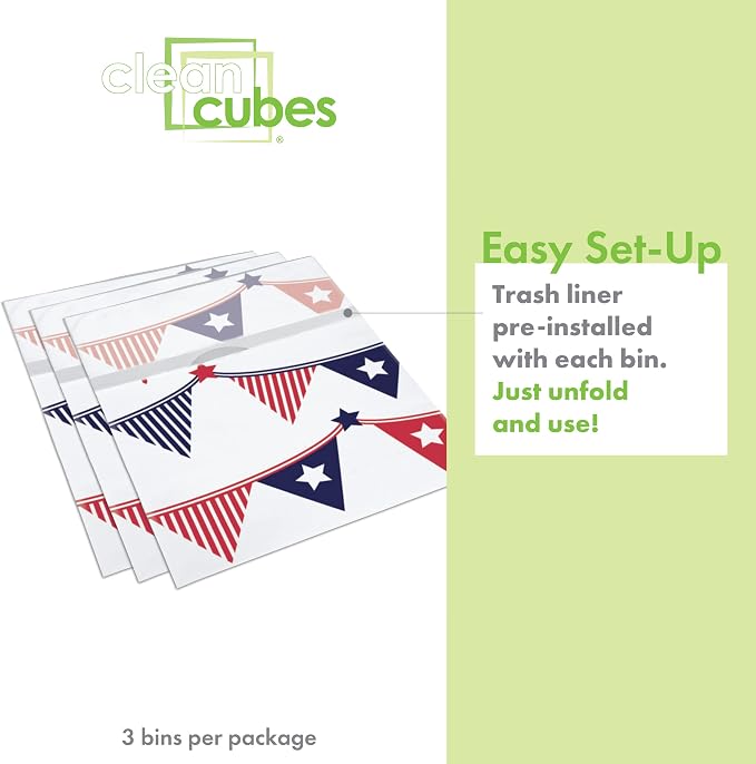 Clean Cubes 13 Gallon Disposable Pop-Up Trash Cans (3-Pack) with Fitted Bags – Foldable Garbage & Recycling Bins for Parties, Events & Kitchen (USA Flag, 17" H x 13.5" W x 10" D) - Image 3