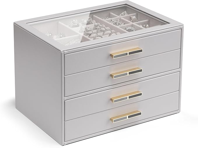 Vlando 4 Layer Jewelry Box for Women, Glass Lid Jewelry Organizer with 4 Drawers for Necklaces Rings Earrings Bracelets - Grey by VLANDO