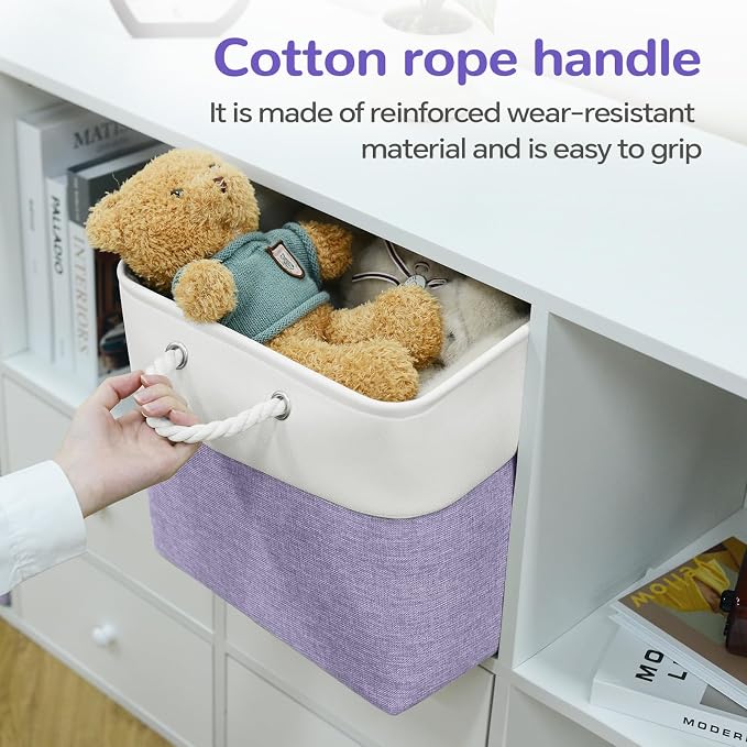 12 x 12 Inch Cube Storage Bins, 4 Pack Fabric Storage Basket with Handles, Foldable Boxes Organizer for Shelf Baskets for Home, Clothes (White/Purple) - Image 2