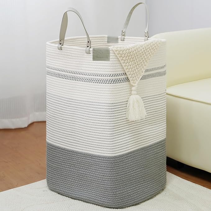 danpinera 100L Nursery Hamper, Tall Woven Laundry Basket with Long Leather Handles, Boho Laundry Hamper for Living Room & Bedroom, Eco-friendly & Convenient Decorative Storage Basket White & Gray by danpinera