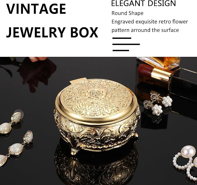Hipiwe Vintage Metal Jewelry Box Different Shape- Small Antique Ring Earrings Necklace Storage Organizer Case Metal Treasure Chest Trinket Keepsake Gift Box - Image 5