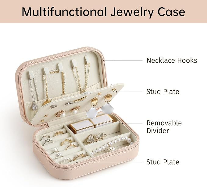 CASEGRACE Travel Jewelry Case, Double Layer Travel Jewelry Organizer for Necklace Earring Rings Jewelry Display Case for Women, Pink - Image 3