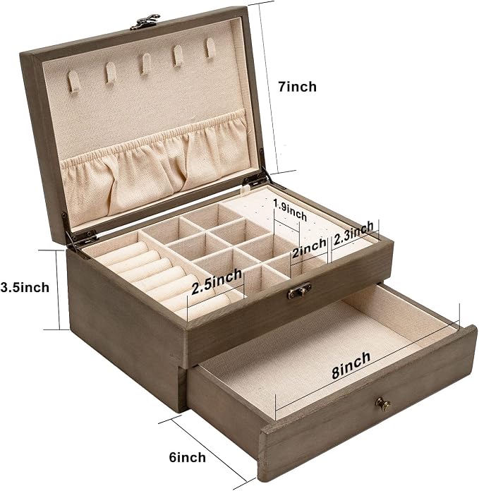 Pinzoveco Jewelry Box for Women, Rustic Wooden Jewelry Organizer Box for Storage Earrings Rings Necklace Bracelet, Farmhouse Style Wood Jewelry Boxes & Organizers (Gray) - Image 6