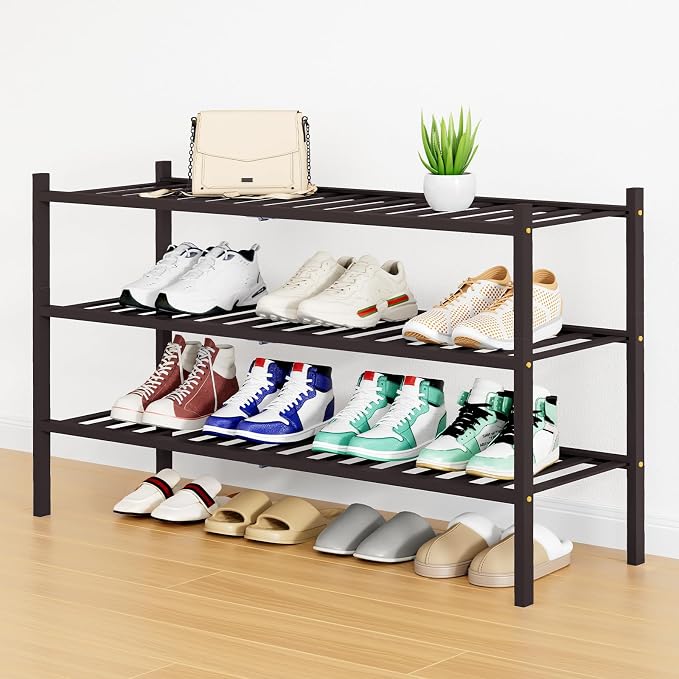 Smiry Shoe Rack, 3 Tier Long Bamboo Shoe Organizer, Stackable Free Standing Wooden Shoe Storage Shelf for Closet, Entryway, Front Door Entrance, Brown by Smiry