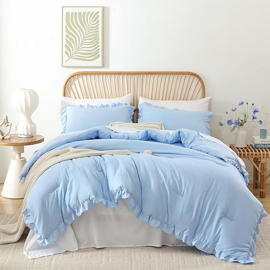 JANZAA Ruffle Light Blue Comforter Set Twin Size Comforter 3PCS 1 Emerald Comforter and 2 Pillowcases Vintage Farmhouse Shabby Chic Bedding Soft Fluffy Comforter Set All Season (Light Blue, Twin)