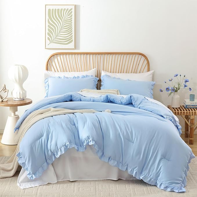 JANZAA Ruffle Light Blue Comforter Set Full Size Comforter 3PCS 1 Emerald Comforter and 2 Pillowcases Vintage Farmhouse Shabby Chic Bedding Soft Fluffy Comforter Set All Season (Light Blue, Full)