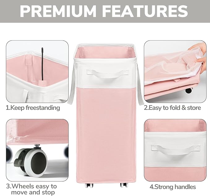 Goodpick Laundry Basket with Wheels 2-Pack, 75L Tall Clothes Hamper, Large Laundry Basket with Removable Wash Bag for Corner Dorm, Rolling Hamper, Pink&White - Image 2