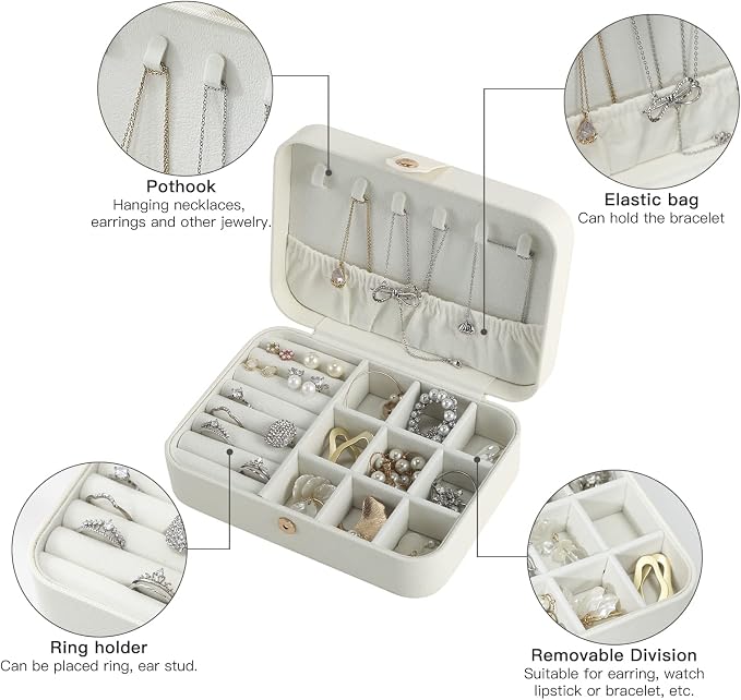 CASEGRACE Travel Jewelry Box Small Jewelry Organizer Case Display Storage for Earrings Necklace Rings Bracelets Portable Jewelry Organizer for Women Girls, White - Image 3