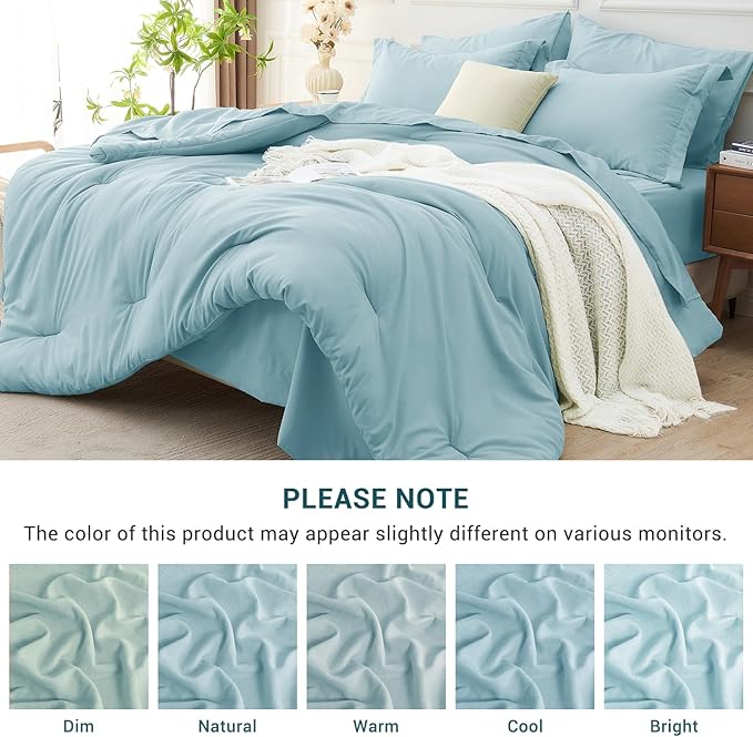 MUXHOMO 7 Pieces Queen Comforter Set, Soft Bed in a Bag Queen Size, All Season Bedding Set with Comforter, Flat Sheet, Fitted Sheet, Pillowcases & Shams, Lake Blue