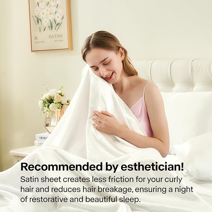BEDELITE California King Sheets Set, Luxury Soft Ivory White Satin Sheets for Hair and Skin, Similar to Silk Bed Sheets Set 4 Pieces with 1 Deep Pocket Fitted Sheet, 1 Flat Sheet, and 2 Pillowcases