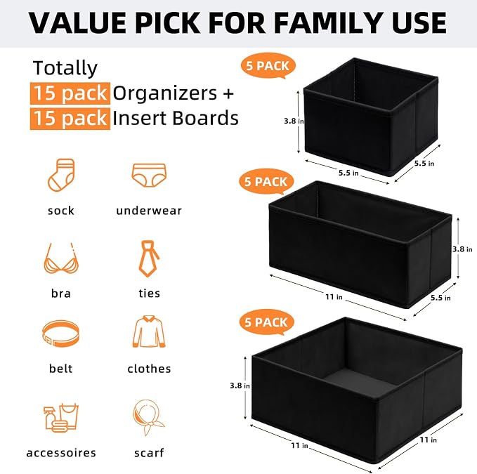 Criusia Closet Drawer Organizer Clothes, 15 Pack Dresser Organizer for Baby Clothes, Fabric Drawer Dividers for Nursery Bedroom (Black) - Image 4