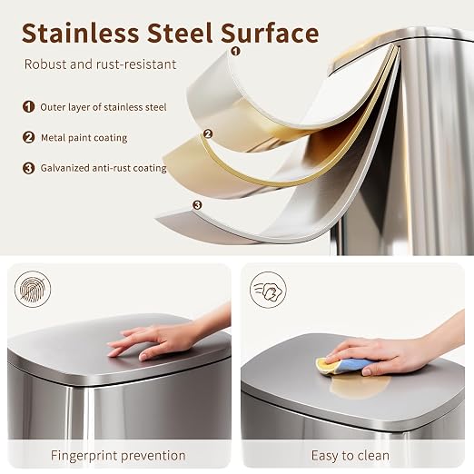 PayLessHere Trash Can with Lid, 13 Gallon (50L) Stainless Steel Kitchen & Office Recycling Bin with Foot Pedal Soft Close & Inner Bucket - Image 3