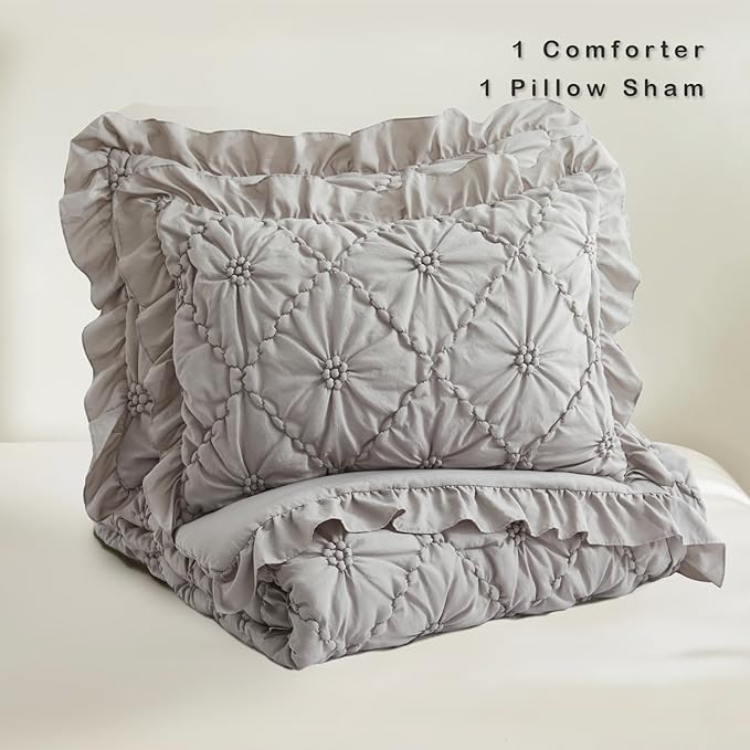 BEDAZZLED Twin Size Comforter Sets, Grey Bedding Comforter Set, 2 Pieces Pinch Pleat Bedding Sets with Comforter and Pillowcases Soft Farmhouse Shabby Chic Comforter for All Season