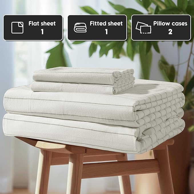 SONORO KATE 100% French Pure Linen Sheets, Breathable and Durable Linen Queen Size Sheets, Anti-Tear Linen Bed Sheets, Machine Washable, 16 Inch Deep Pocket - 4 Piece (White & Dark Grey Stripes)
