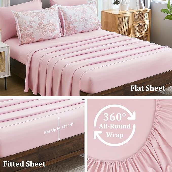 DJY King Size Comforter Set, 7 Pieces Bed in a Bag King Pink Botanical Comforters with Sheets Elegant Plants Print Christmas Soft Microfiber Reversible Complete Bedding Sets for All Season