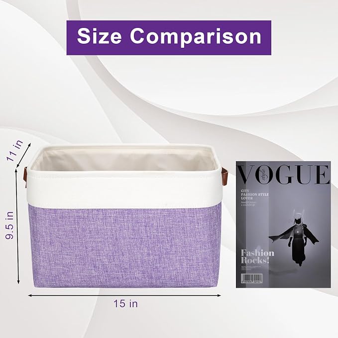 Bagnizer Storage Bins Large Fabric Storage Baskets for Shelves 3 Pack, Decorative Linen Closet Baskets with Handles for Organizing, Shelf, Clothes, Home, Office, 15x11x9.5Inches (Purple&White) - Image 3