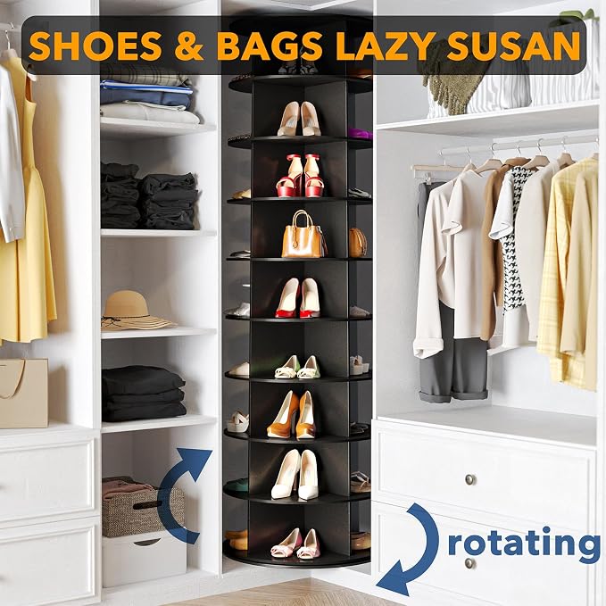 SpaceAid 9 Tier Rotating Shoe Rack Tower, Spinning Shoe Display Lazy Susan, Revolving 360 Shoe Rack Storage Round Carousel, Vertical Handbag Rotate Shoes Closet Organization (9-Tier Black) - Image 4