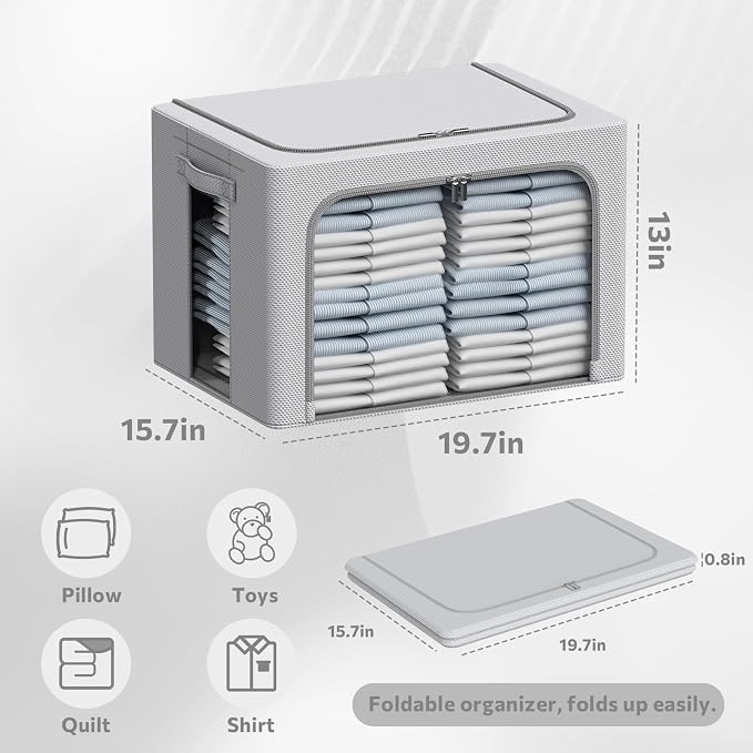 CYhom 3Pack Frame Storage Box - Clothes Storage Bin Bags Oxford Fabric Foldable Stackable Container Organizer Set with Clear Window & Carry Handles Large Capacity (Grey, Large-66L) - Image 6