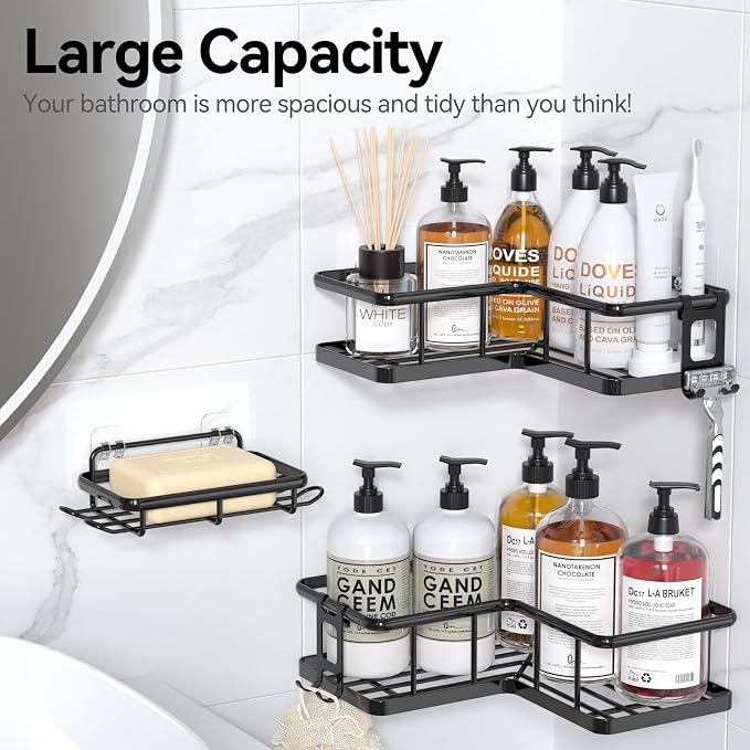 YASONIC Shower Caddy Corner, 3-Pack Adhesive Rustproof Stainless Steel Shower Shelves with Soap Holder, No Drilling Shower Organizer Corner for Dorm, Renters Bathroom, Black - Image 9